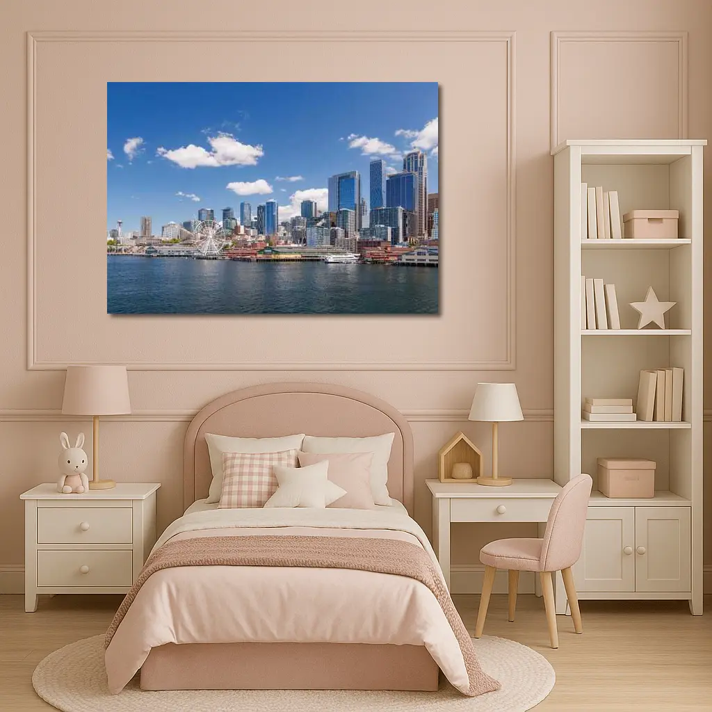 Seattle Skyline Waterfront Ferris Wheel Blue Sky – Wall Art