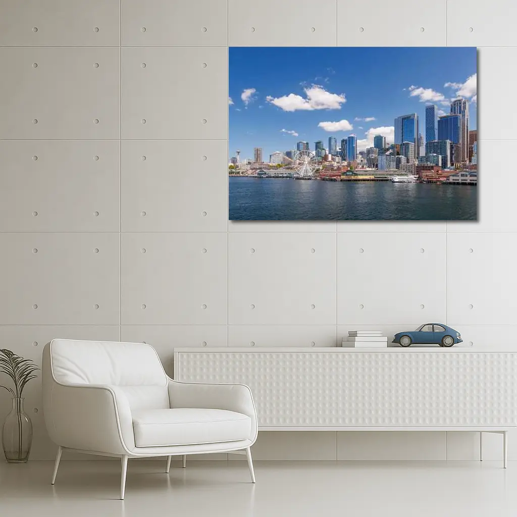 Seattle Skyline Waterfront Ferris Wheel Blue Sky – Wall Art