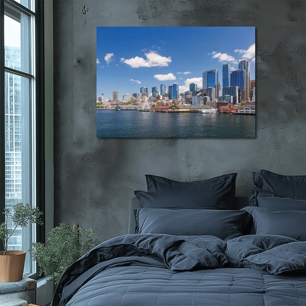 Seattle Skyline Waterfront Ferris Wheel Blue Sky – Wall Art