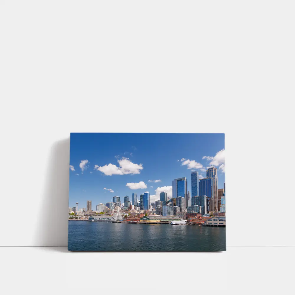 Seattle Skyline Waterfront Ferris Wheel Blue Sky – Wall Art
