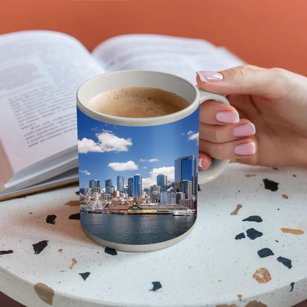 Seattle Skyline Waterfront Ferris Wheel Blue Sky – Mugs
