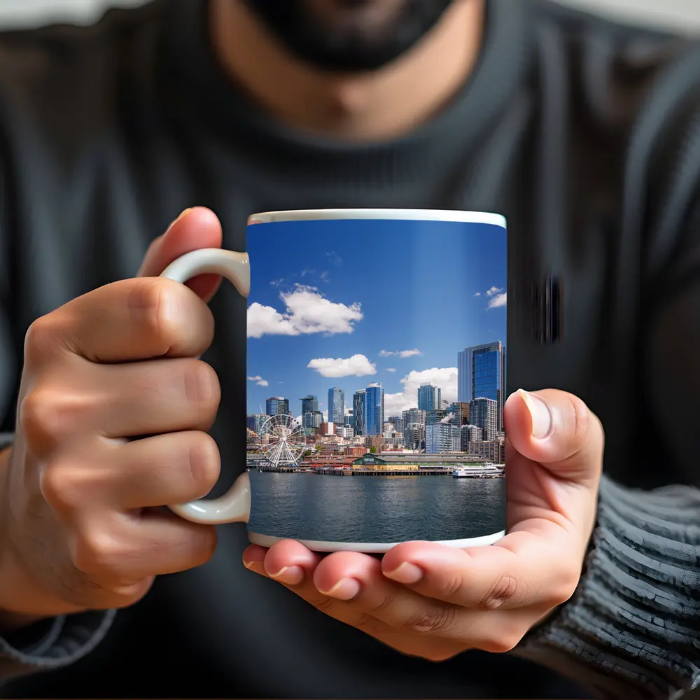Seattle Skyline Waterfront Ferris Wheel Blue Sky – Mugs