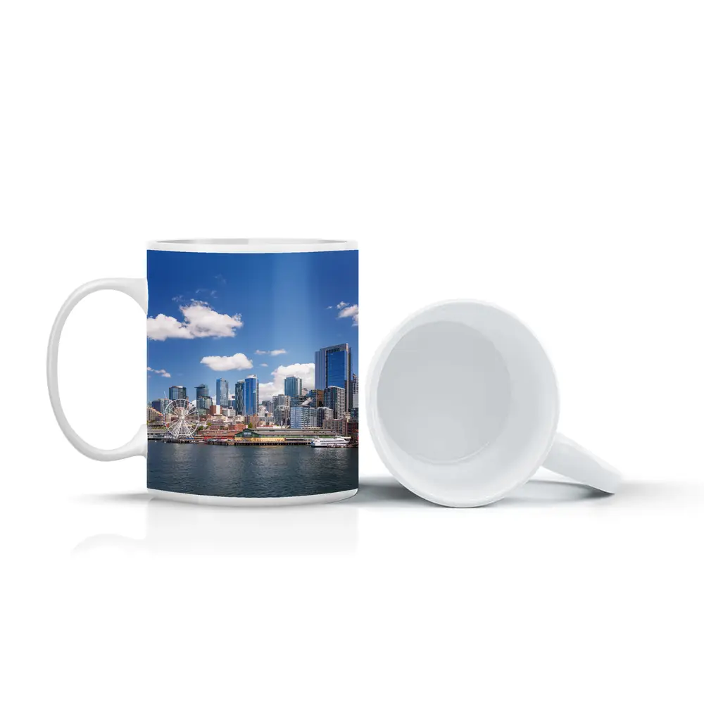 Seattle Skyline Waterfront Ferris Wheel Blue Sky – Mugs