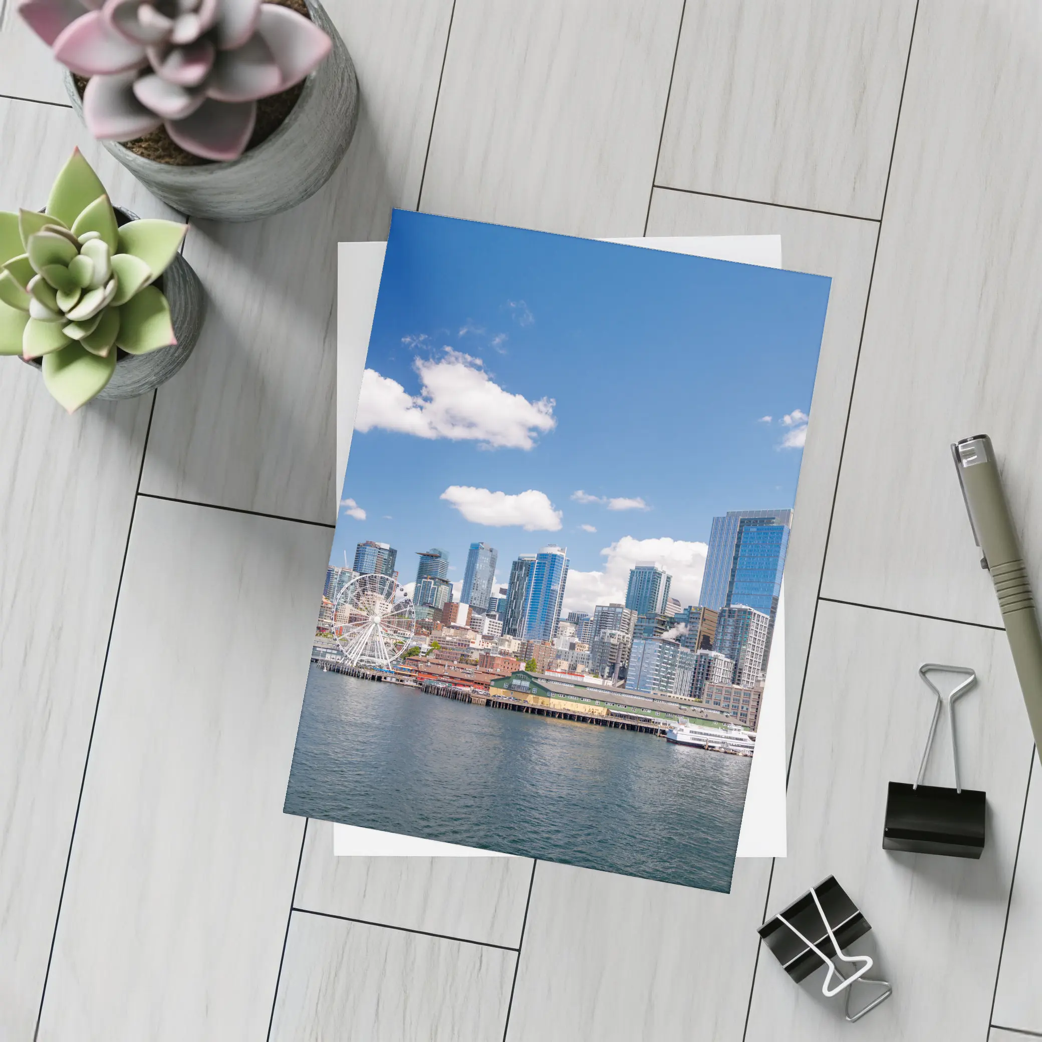 Seattle Skyline Waterfront Ferris Wheel Blue Sky – Postcards