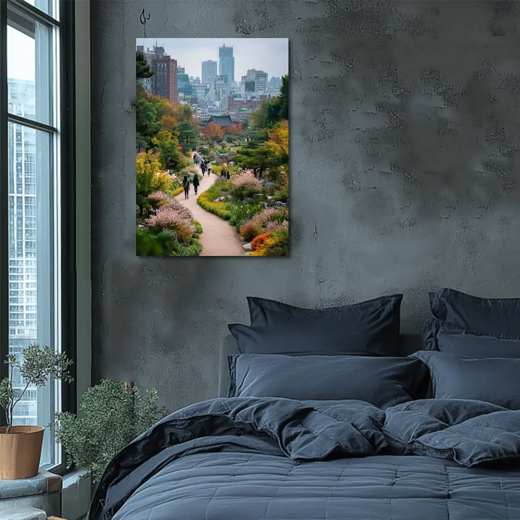 Seoul Garden Path with City Skyline – Wall Art