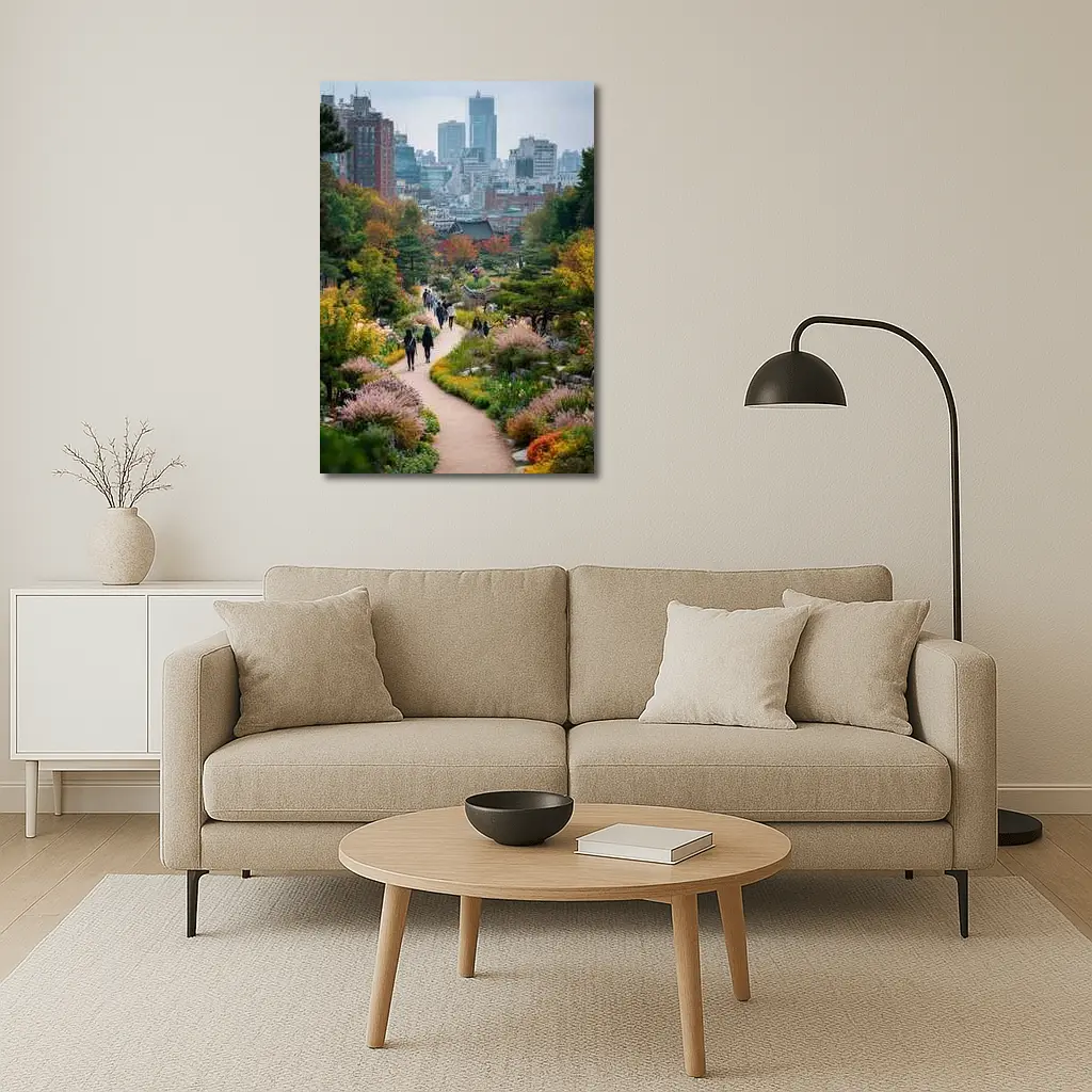 Seoul Garden Path with City Skyline – Wall Art