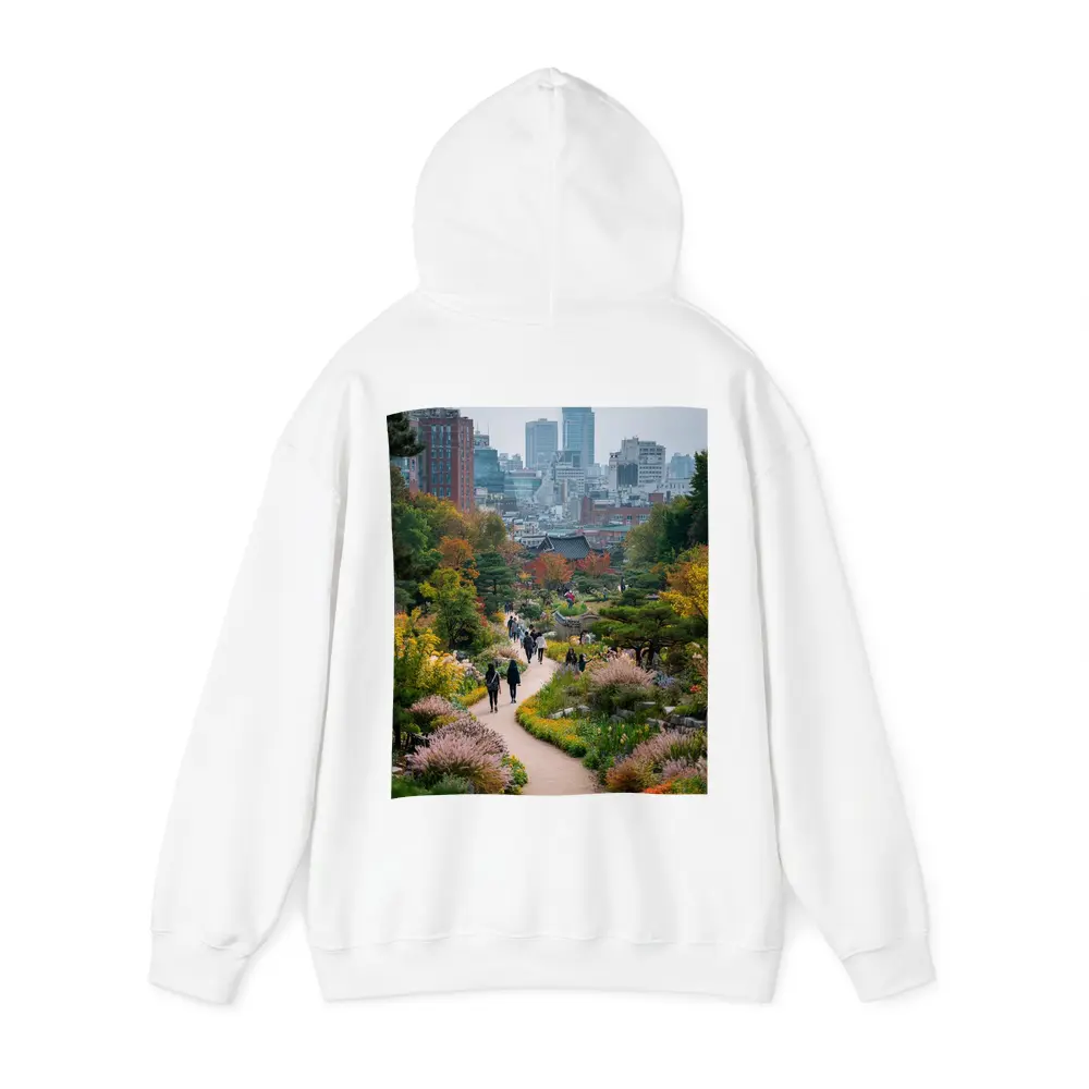 Seoul Garden Path with City Skyline – Hoodies