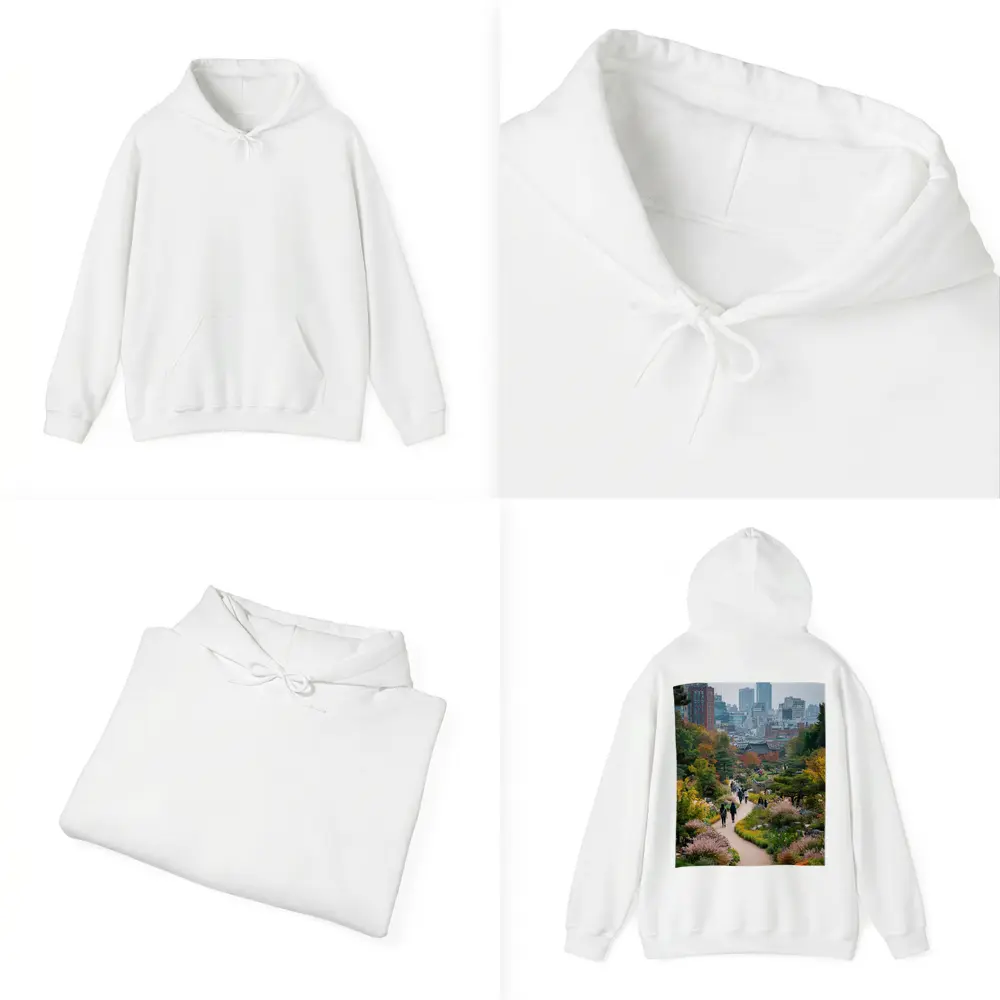 Seoul Garden Path with City Skyline – Hoodies