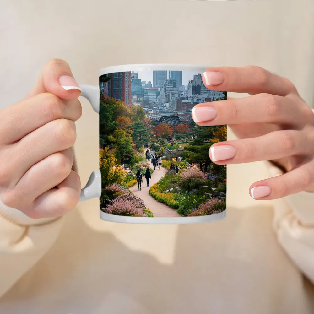 Seoul Garden Path with City Skyline – Mugs