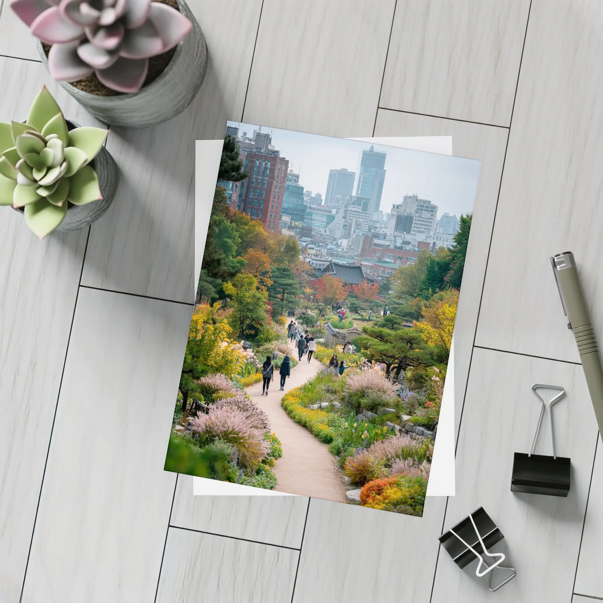 Seoul Garden Path with City Skyline – Postcards
