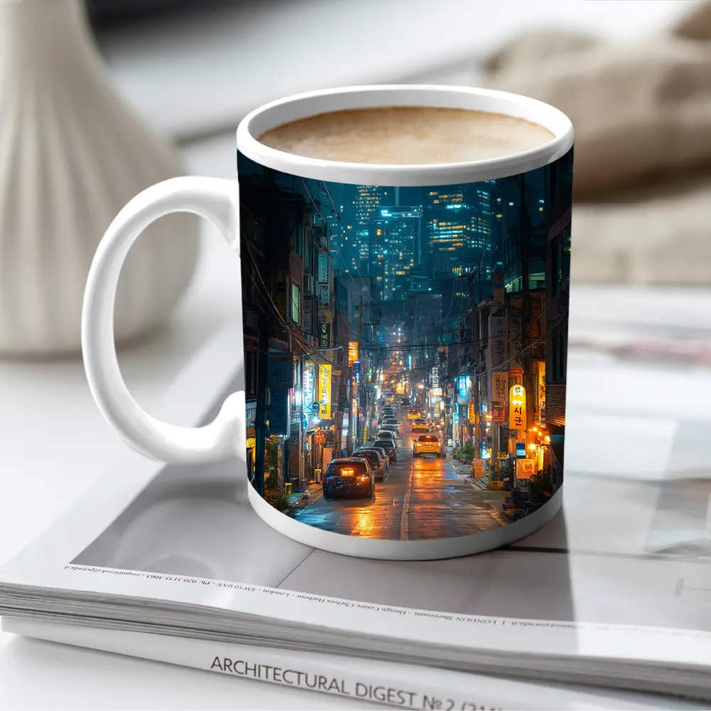 Seoul South Korea Rainy Night City Street – Mugs