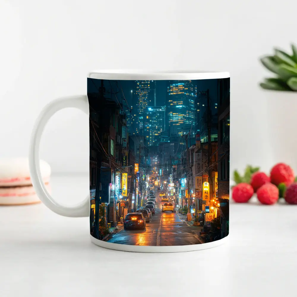 Seoul South Korea Rainy Night City Street – Mugs