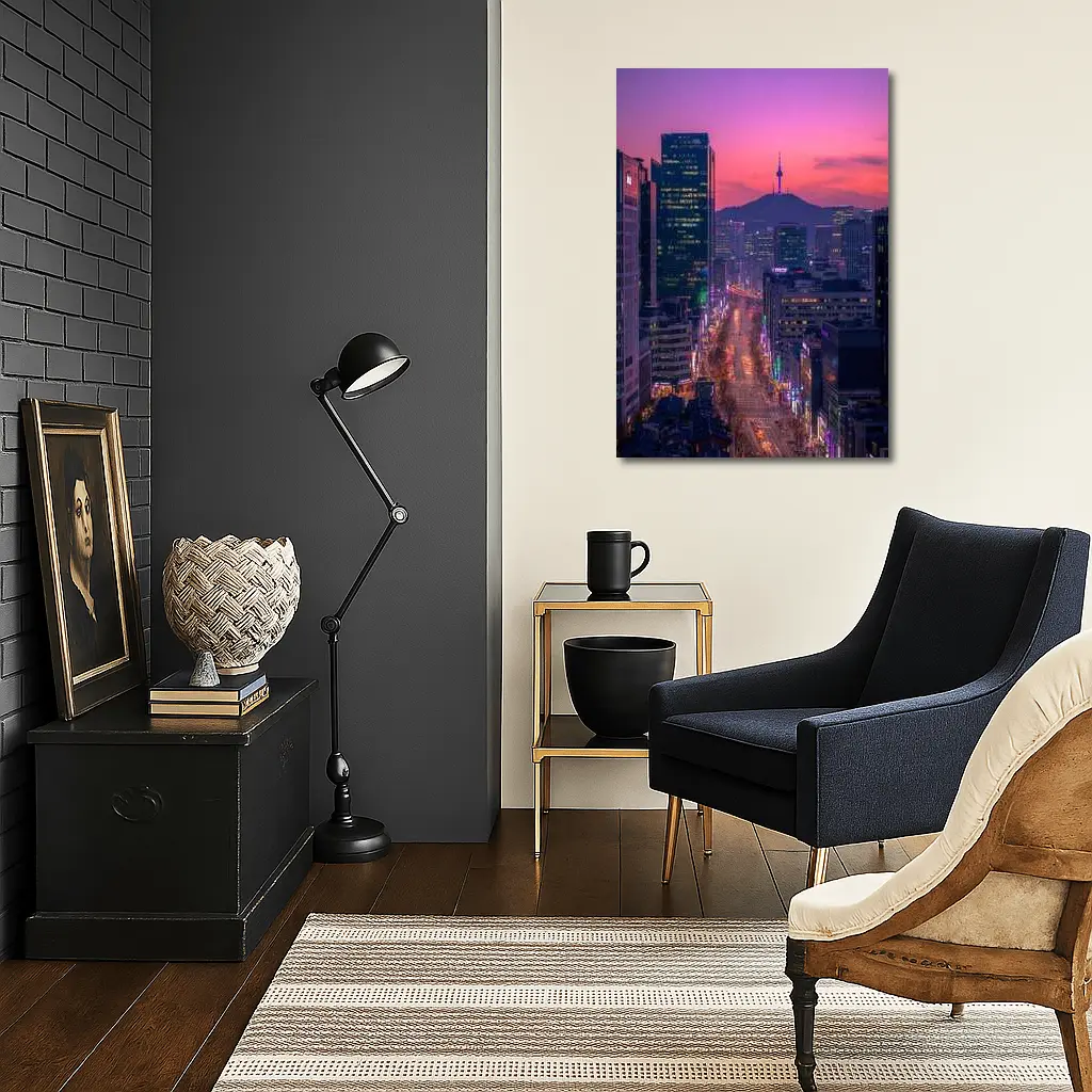 Seoul City Night Neon Skyline Purple Sky – Wall Art