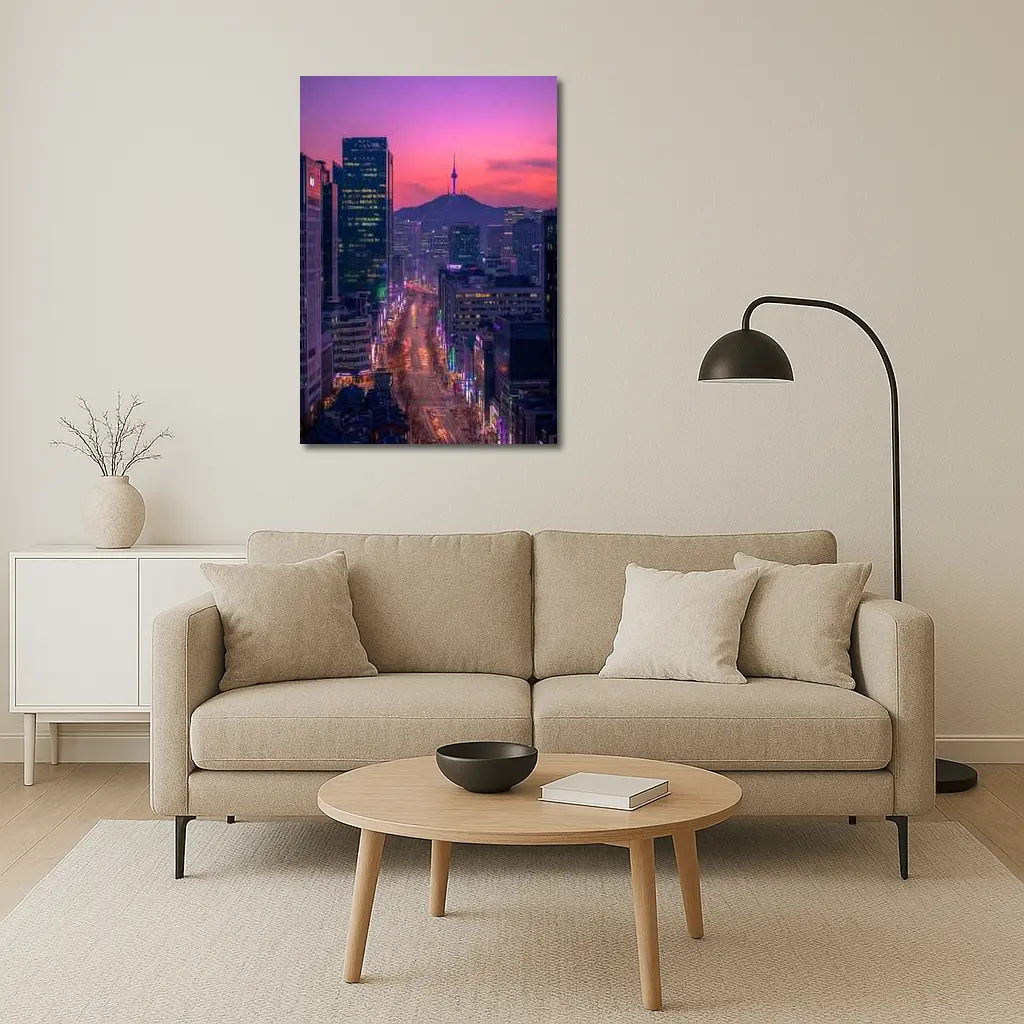 Seoul City Night Neon Skyline Purple Sky – Wall Art
