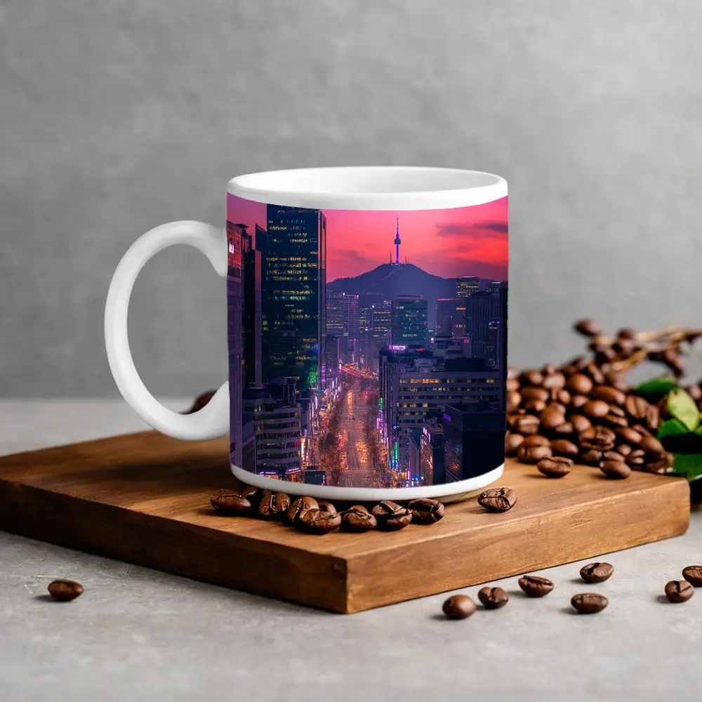 Seoul City Night Neon Skyline Purple Sky – Mugs