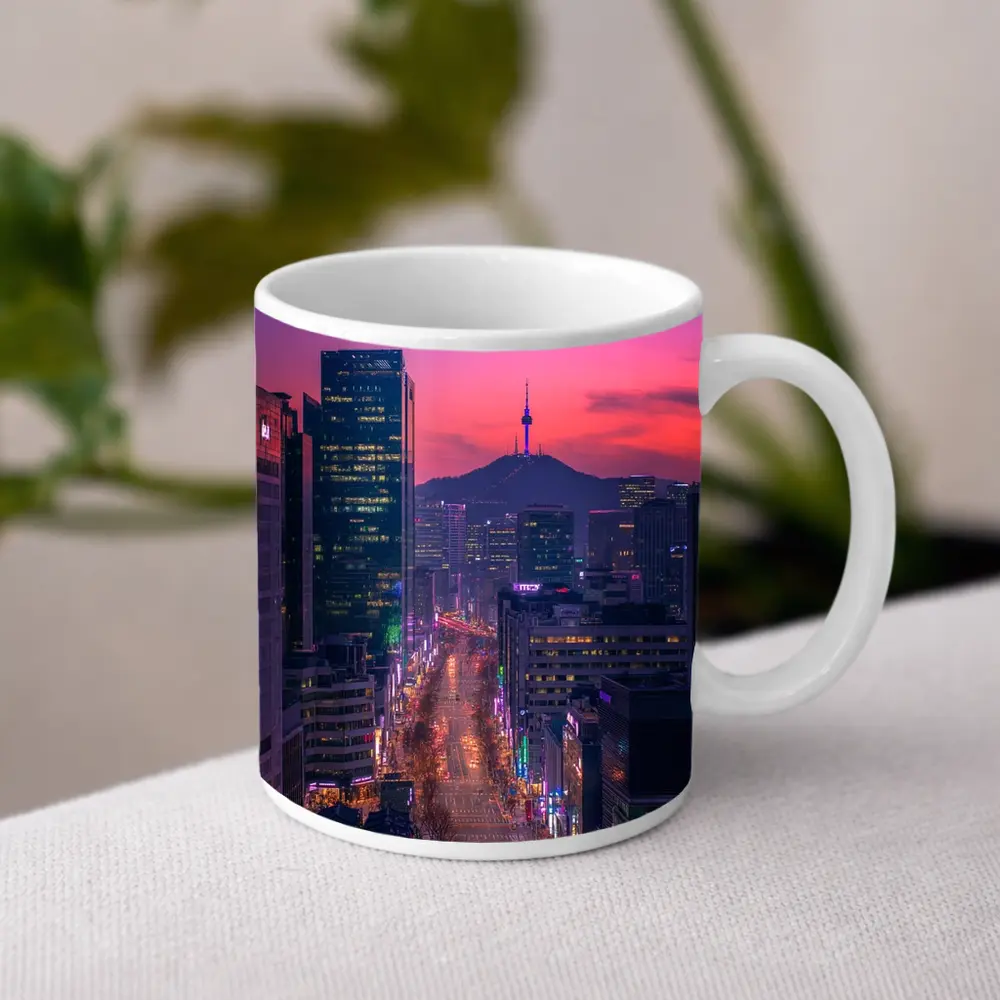 Seoul City Night Neon Skyline Purple Sky – Mugs