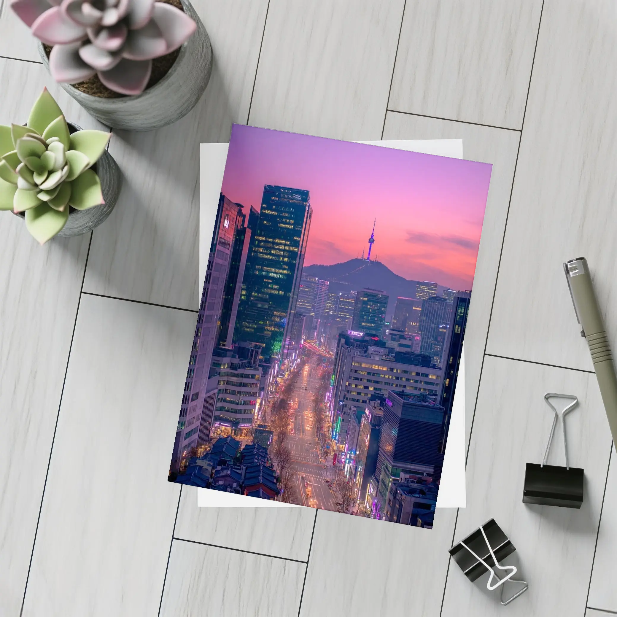 Seoul City Night Neon Skyline Purple Sky – Postcards