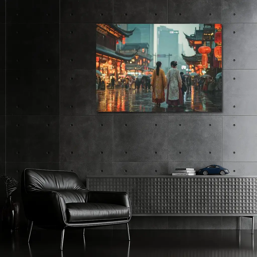 Two Women in Hanfu Rainy Chinese Street – Wall Art