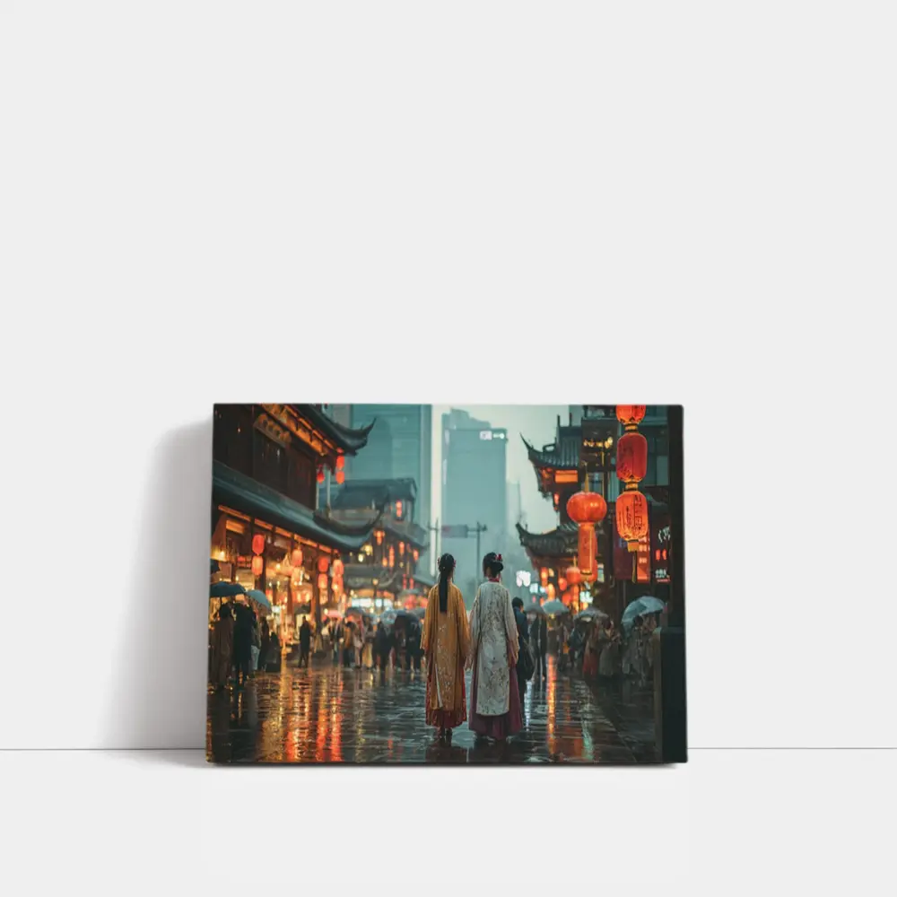 Two Women in Hanfu Rainy Chinese Street – Wall Art