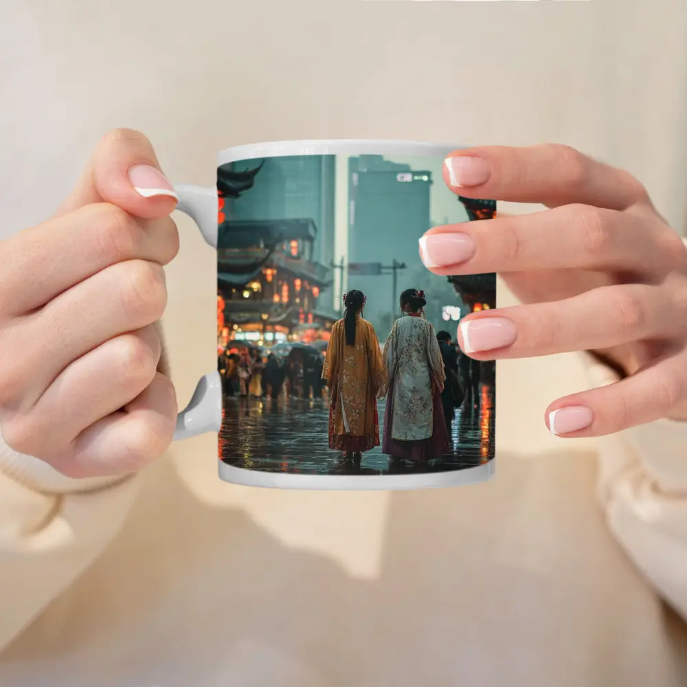 Two Women in Hanfu Rainy Chinese Street – Mugs