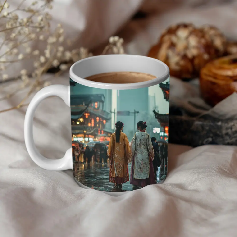 Two Women in Hanfu Rainy Chinese Street – Mugs