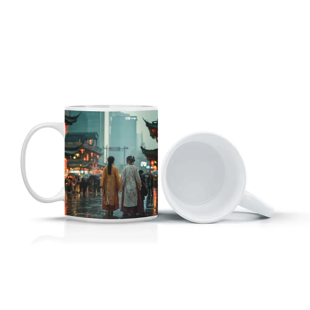 Two Women in Hanfu Rainy Chinese Street – Mugs
