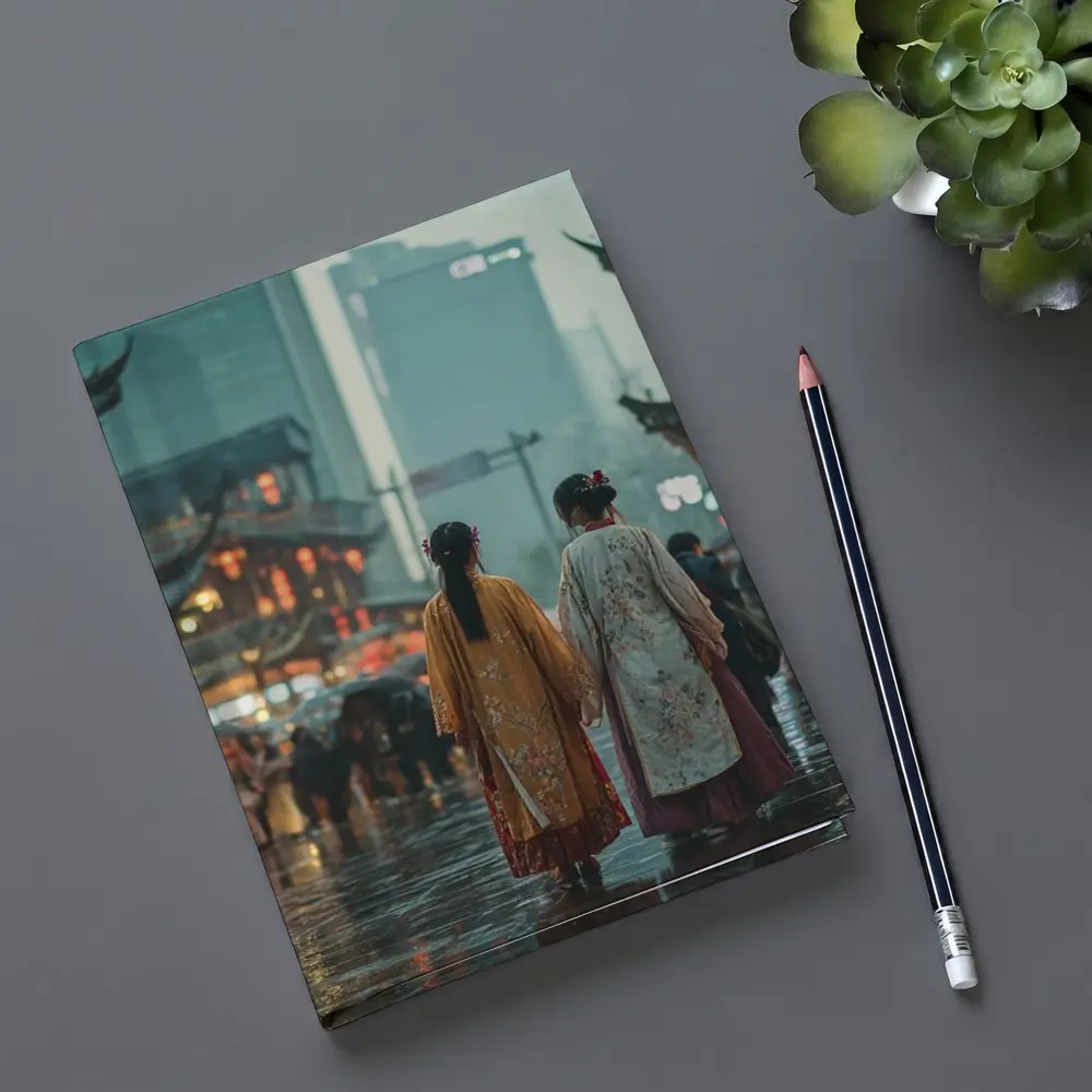 Two Women in Hanfu Rainy Chinese Street – Notebooks