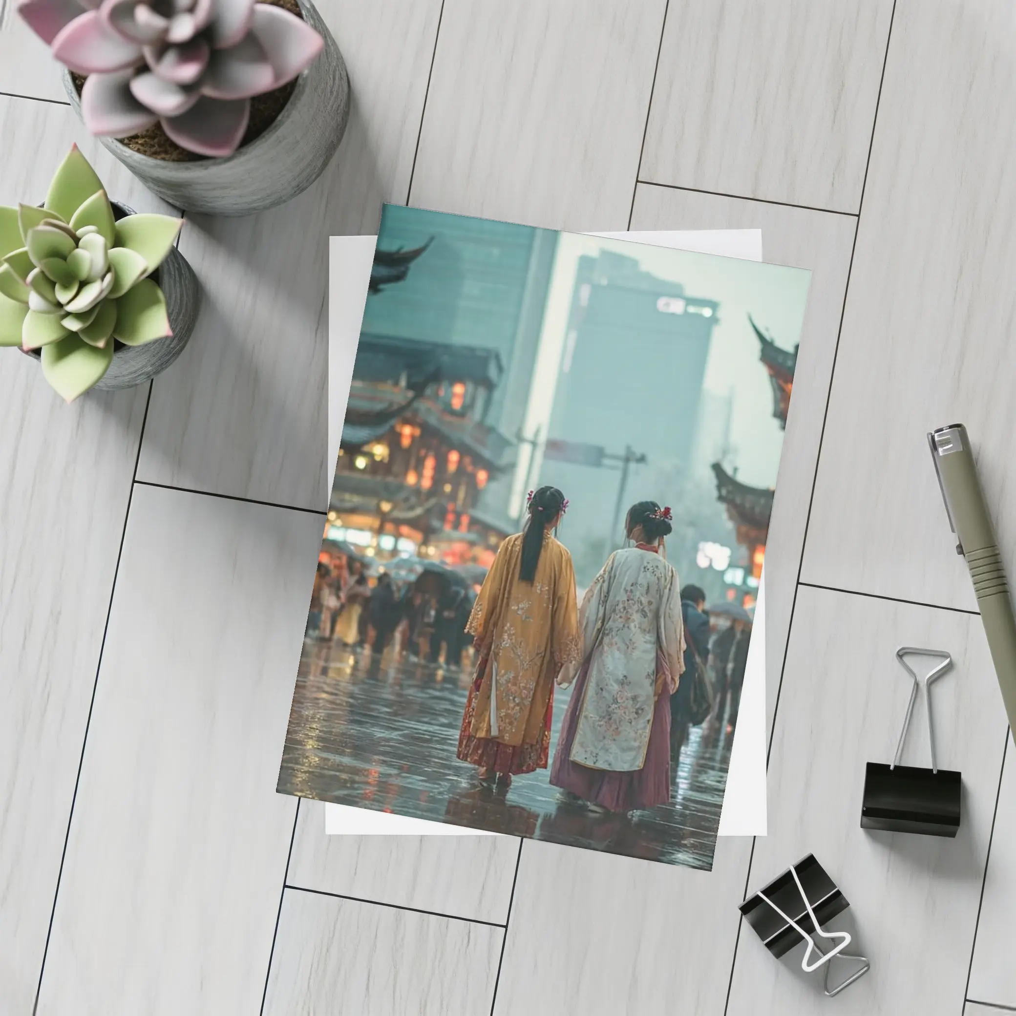 Two Women in Hanfu Rainy Chinese Street – Postcards