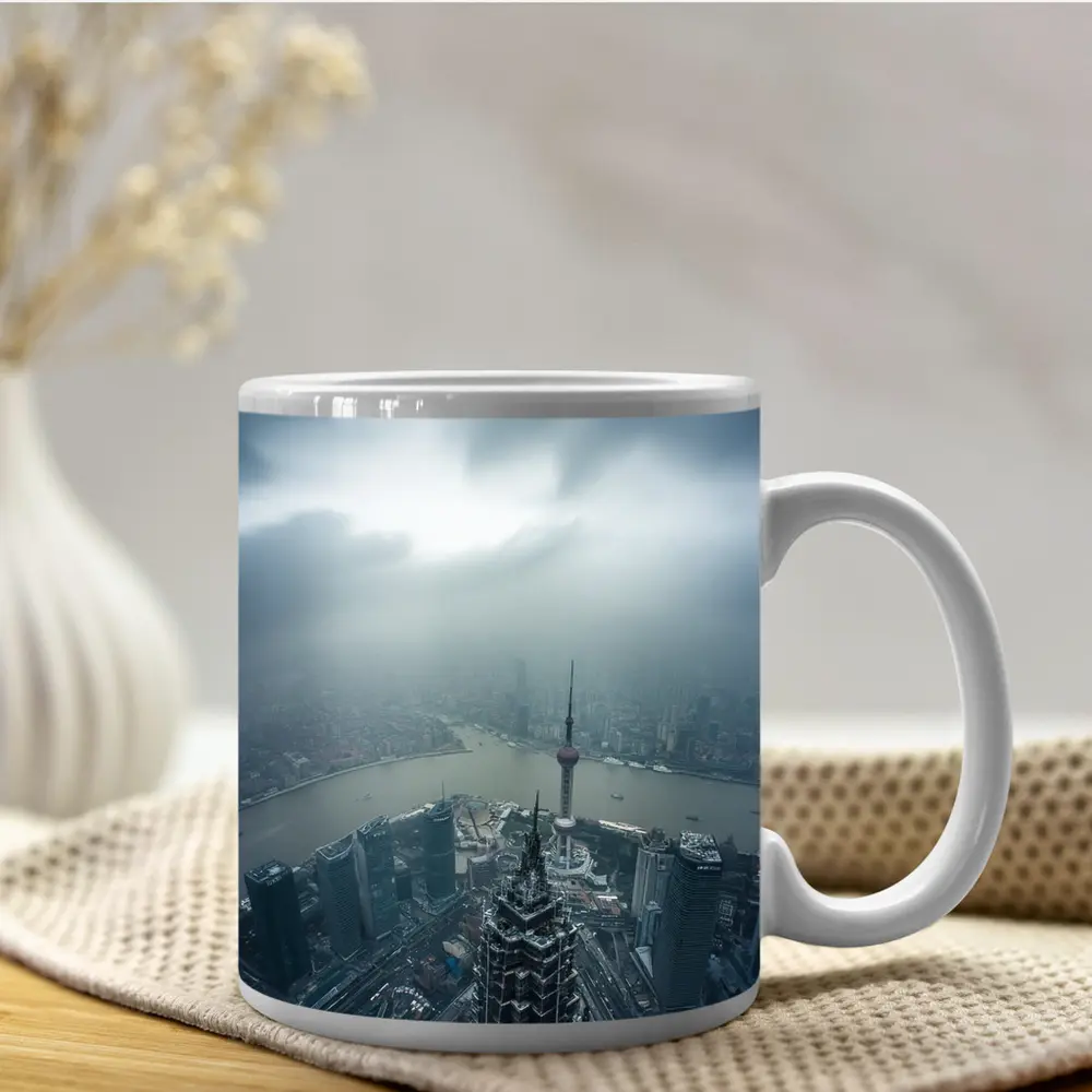 Shanghai Skyline Aerial View Stormy Sky – Mugs