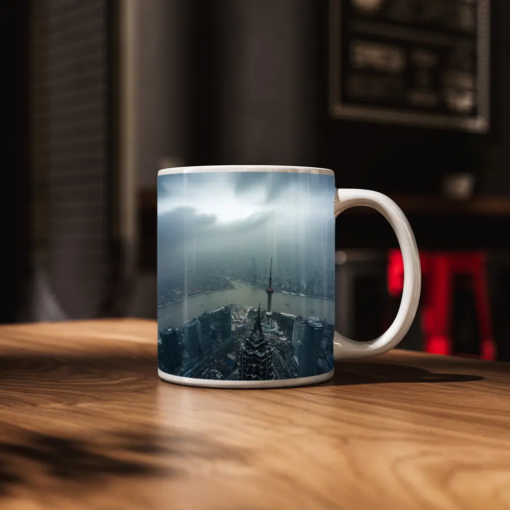 Shanghai Skyline Aerial View Stormy Sky – Mugs