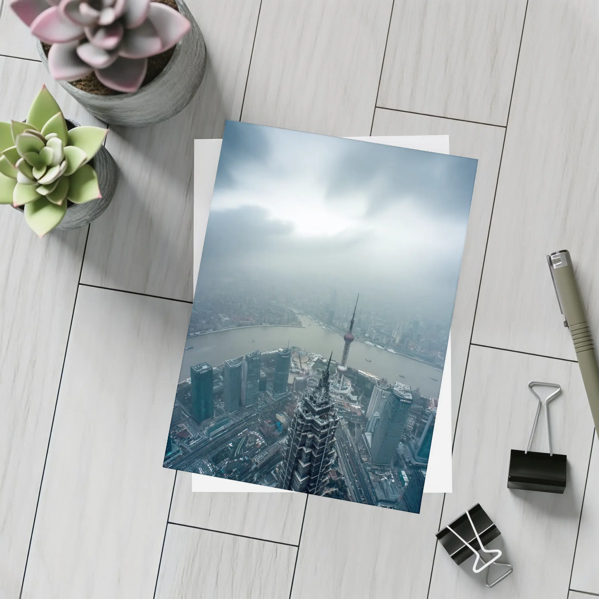 Shanghai Skyline Aerial View Stormy Sky – Postcards