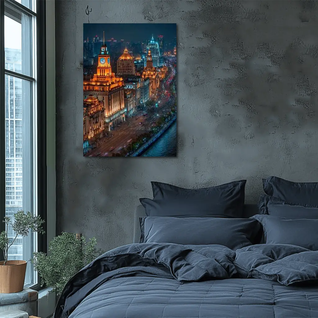 Shanghai Bund Skyline Glowing At Night – Wall Art