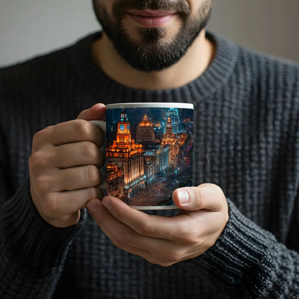 Shanghai Bund Skyline Glowing At Night – Mugs