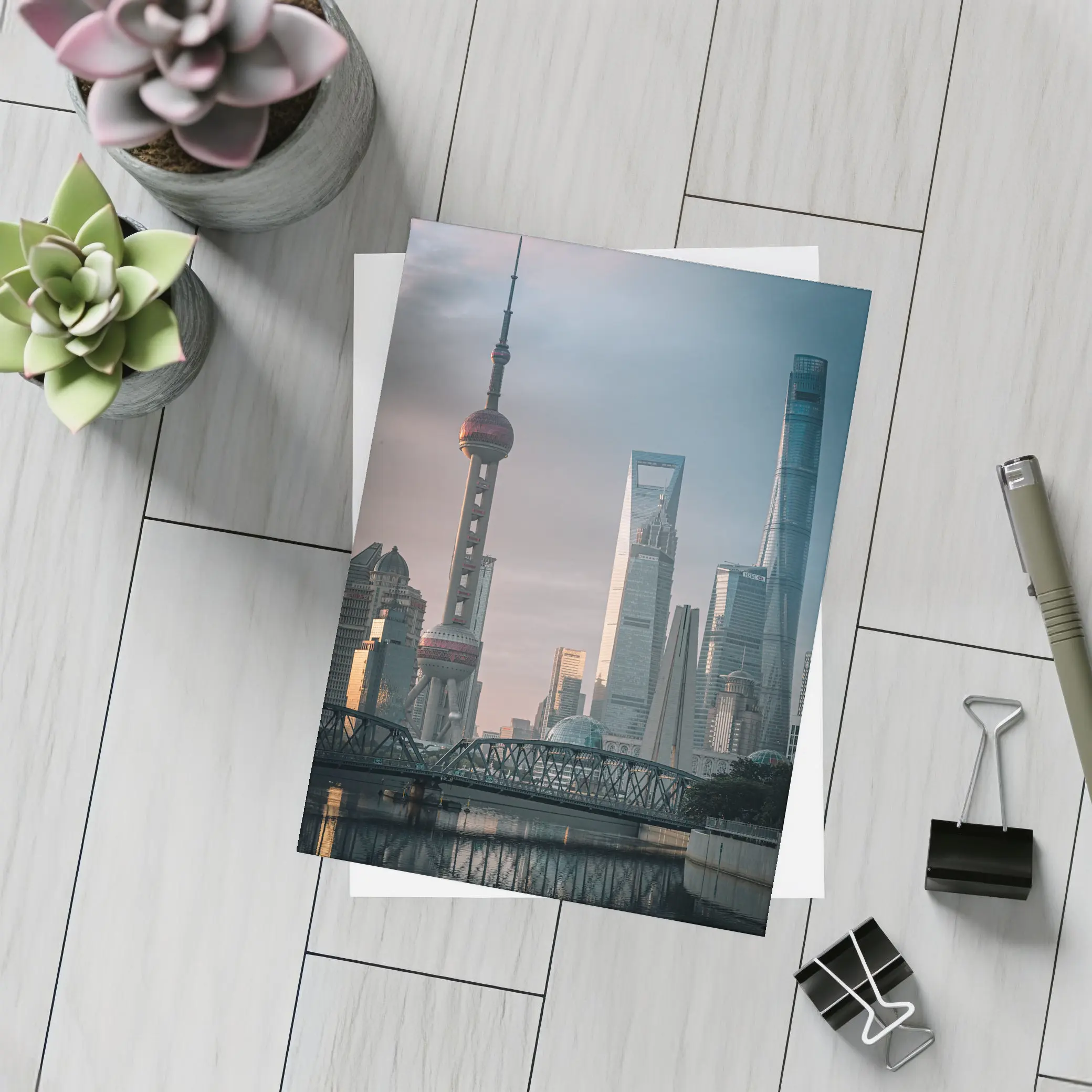 Shanghai Skyline Bridge at Golden Hour – Postcards