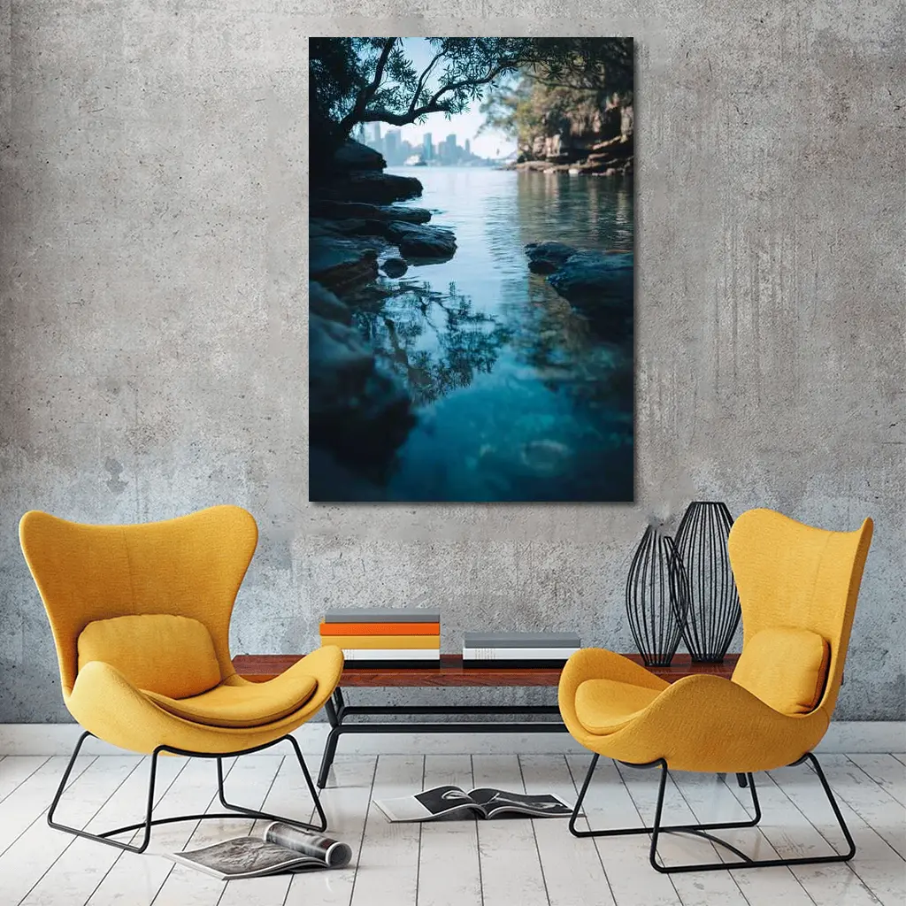 Rocky Shore City Skyline Reflection Water – Wall Art