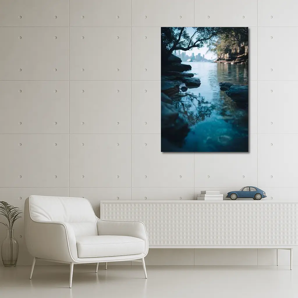 Rocky Shore City Skyline Reflection Water – Wall Art