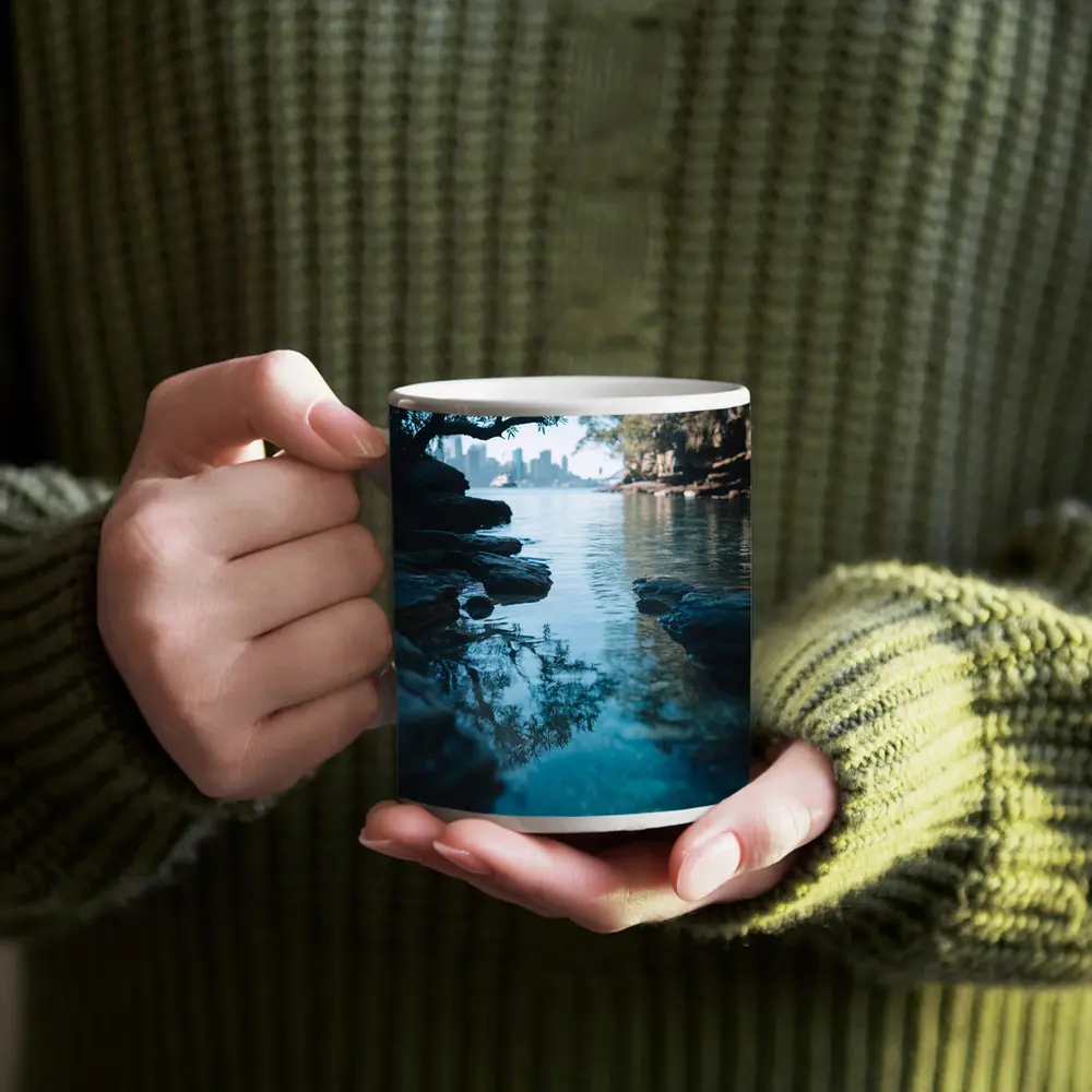 Rocky Shore City Skyline Reflection Water – Mugs