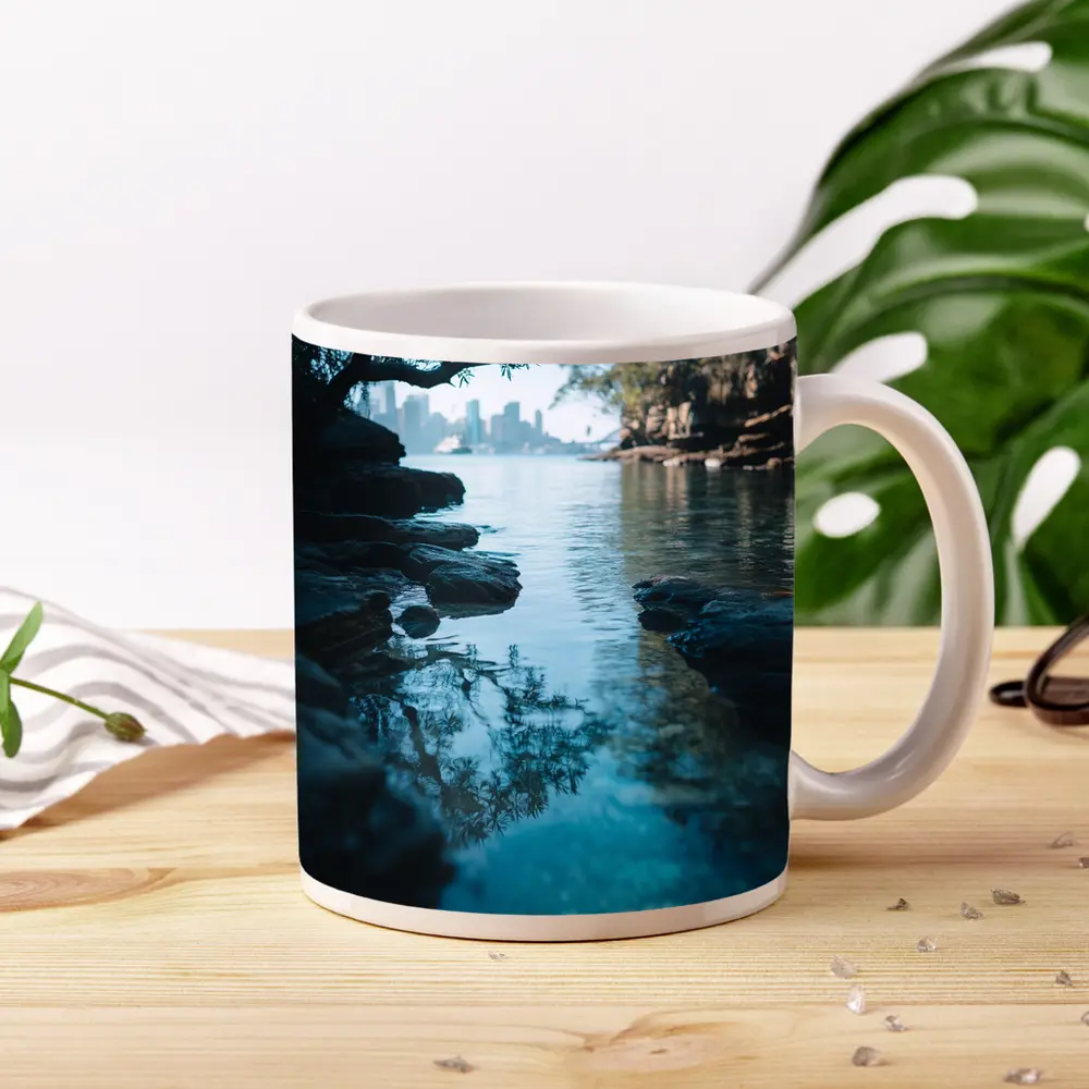 Rocky Shore City Skyline Reflection Water – Mugs