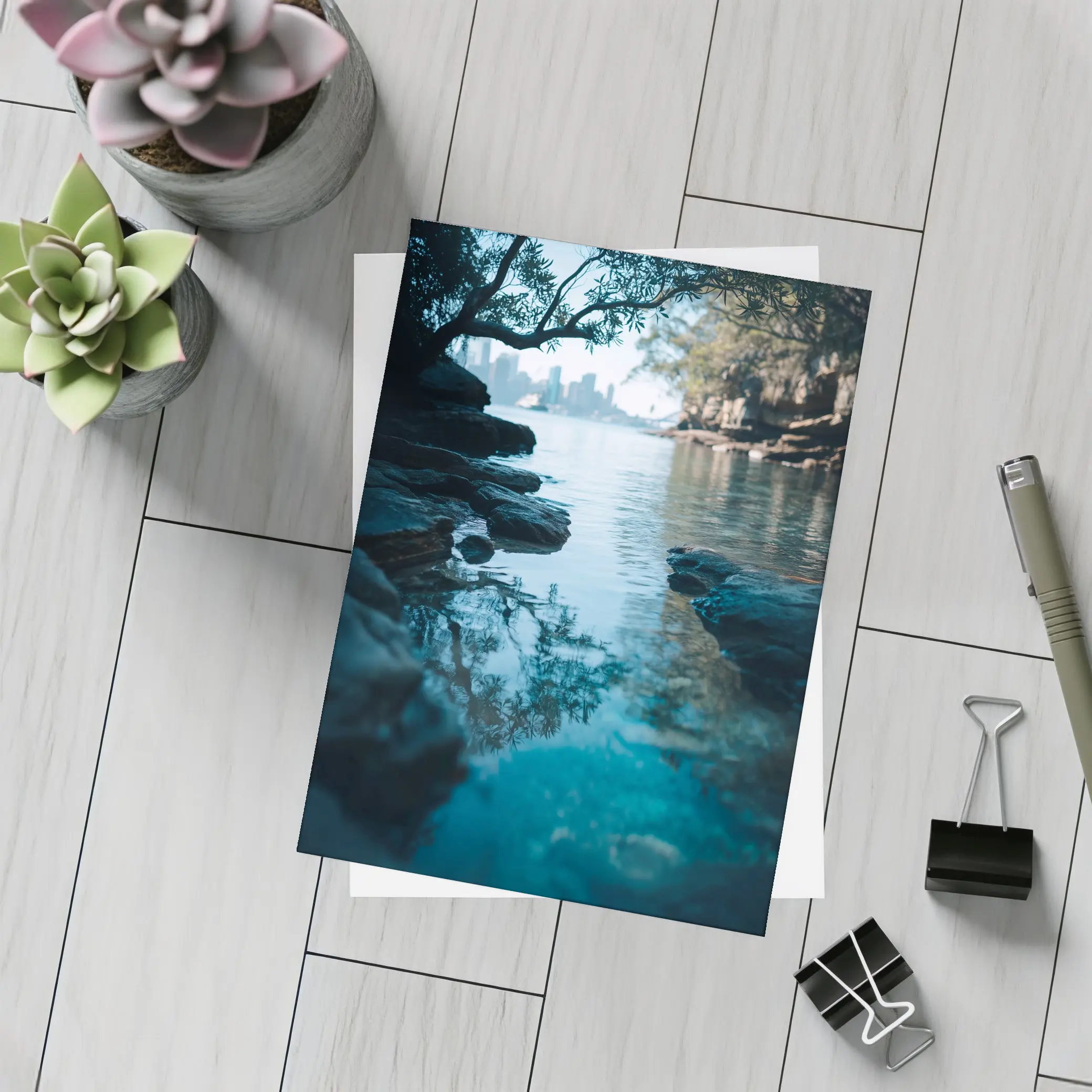 Rocky Shore City Skyline Reflection Water – Postcards