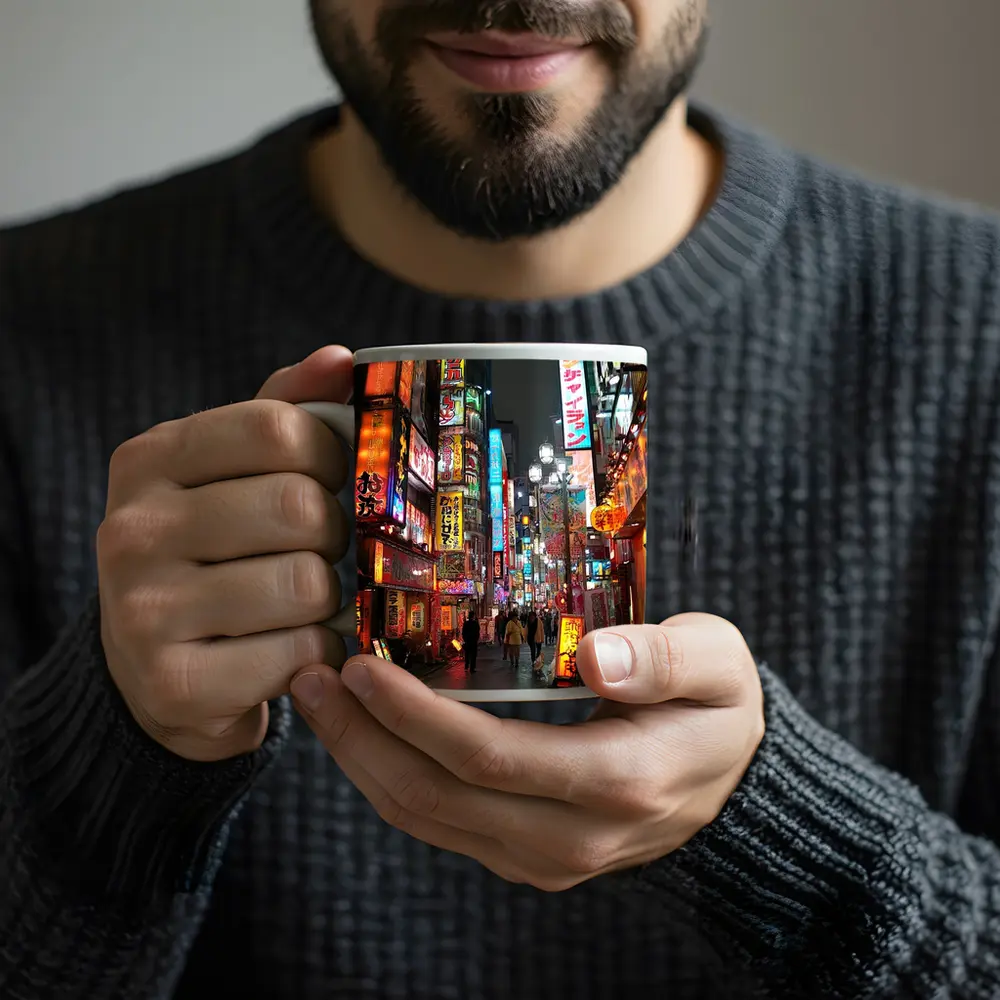 Tokyo Neon Lights Night Street Scene – Mugs