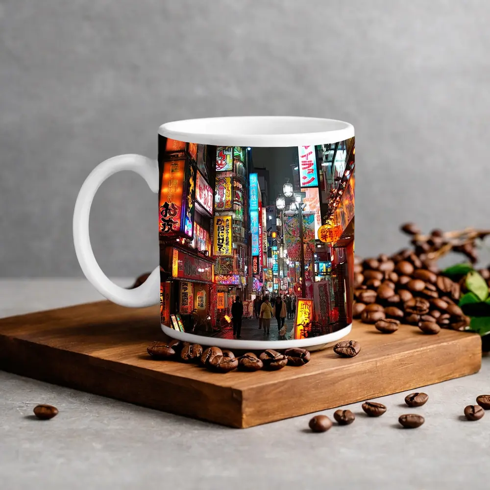Tokyo Neon Lights Night Street Scene – Mugs