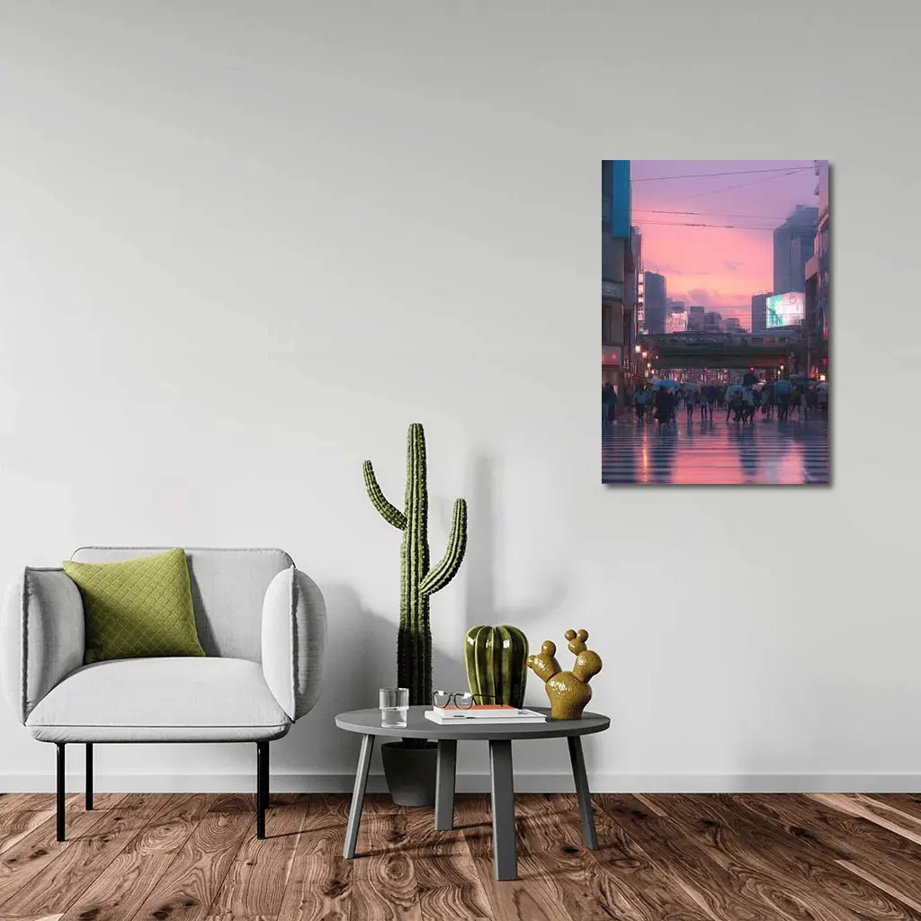 Tokyo Rainy Crosswalk Pink Dusk Sky – Wall Art