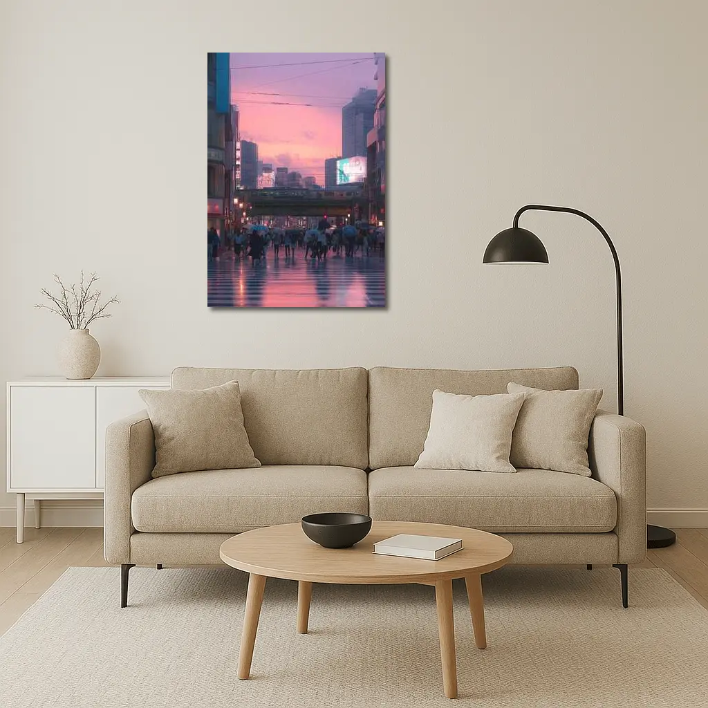 Tokyo Rainy Crosswalk Pink Dusk Sky – Wall Art