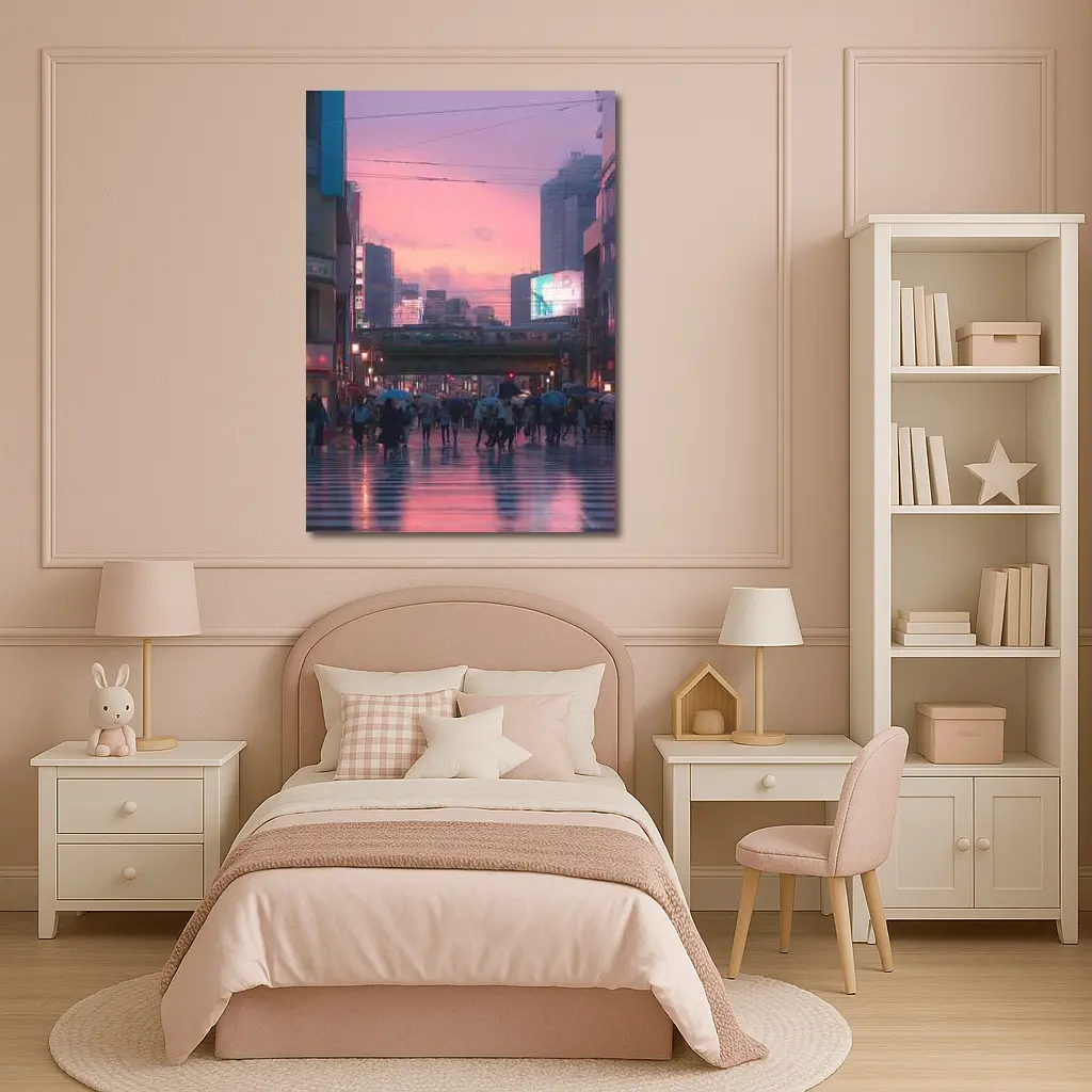 Tokyo Rainy Crosswalk Pink Dusk Sky – Wall Art