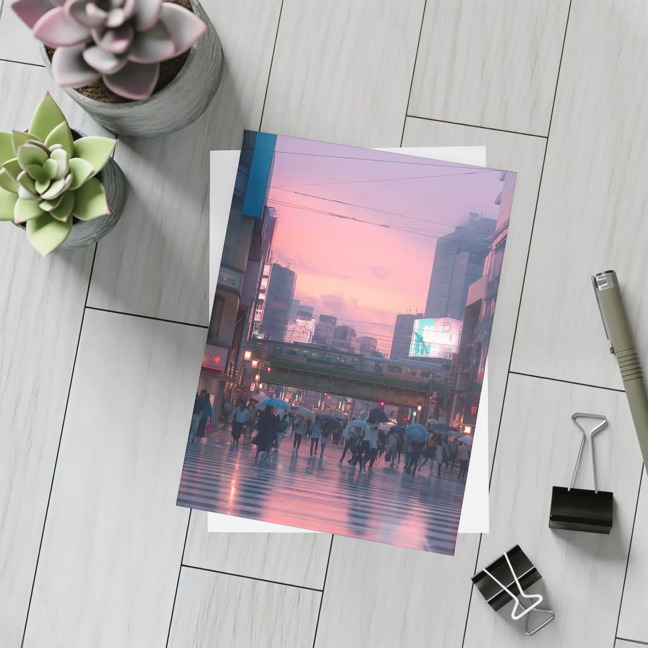 Tokyo Rainy Crosswalk Pink Dusk Sky – Postcards