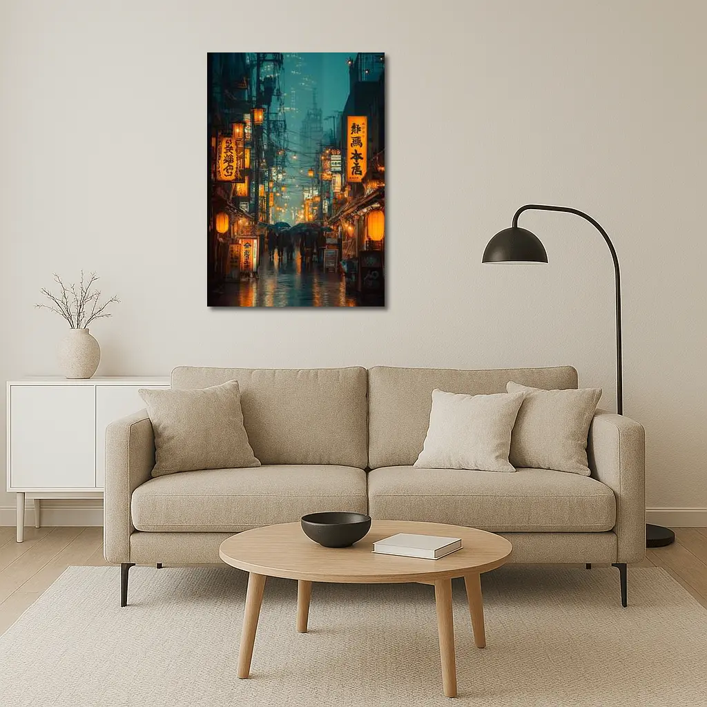 Rainy Tokyo Street Glowing Lanterns Night – Wall Art