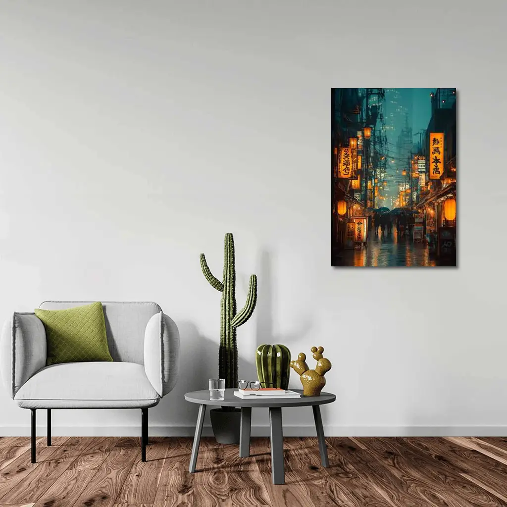 Rainy Tokyo Street Glowing Lanterns Night – Wall Art