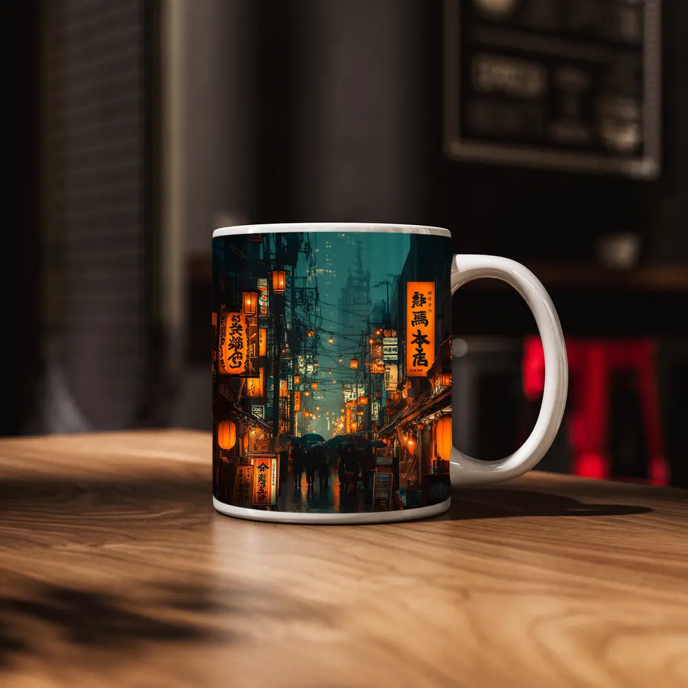 Rainy Tokyo Street Glowing Lanterns Night – Mugs