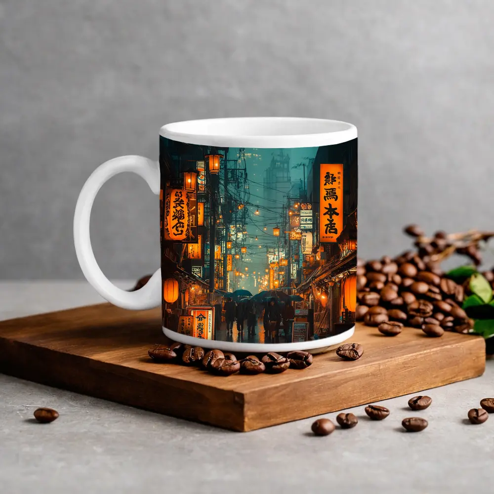 Rainy Tokyo Street Glowing Lanterns Night – Mugs