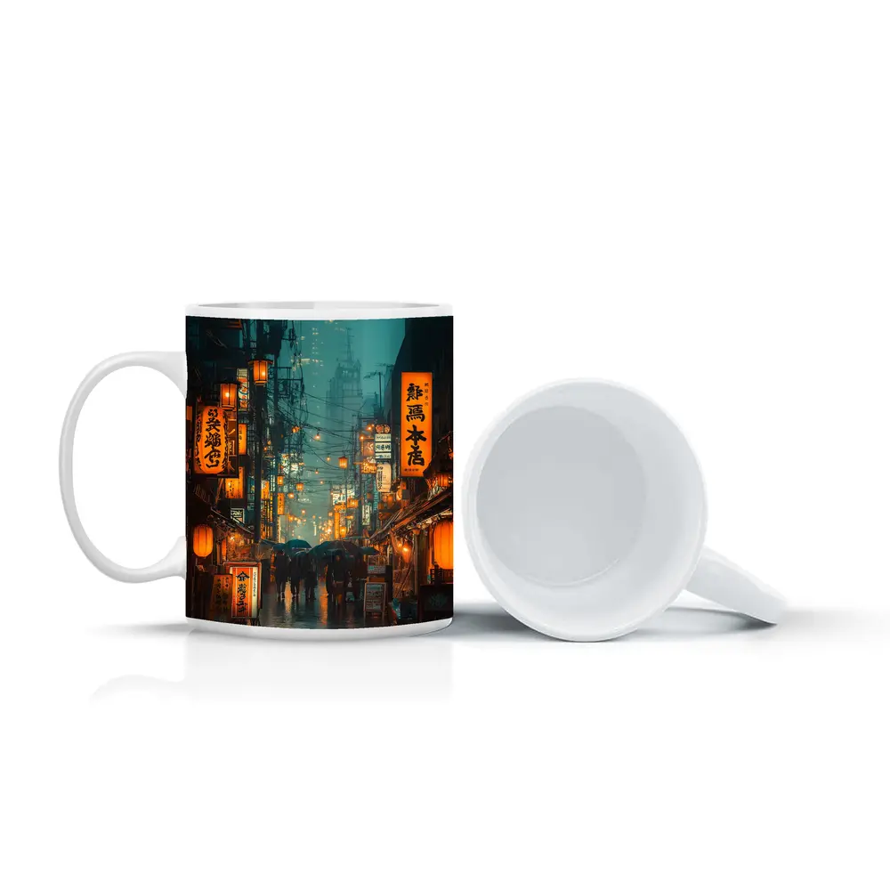 Rainy Tokyo Street Glowing Lanterns Night – Mugs